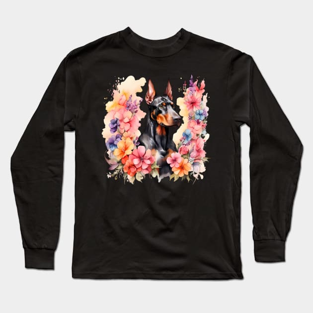 A doberman decorated with beautiful watercolor flowers Long Sleeve T-Shirt by CreativeSparkzz